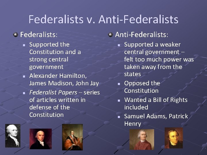 Federalists v. Anti-Federalists: n n n Supported the Constitution and a strong central government