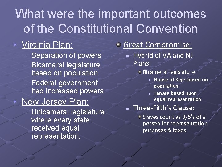 What were the important outcomes of the Constitutional Convention • Virginia Plan: – –
