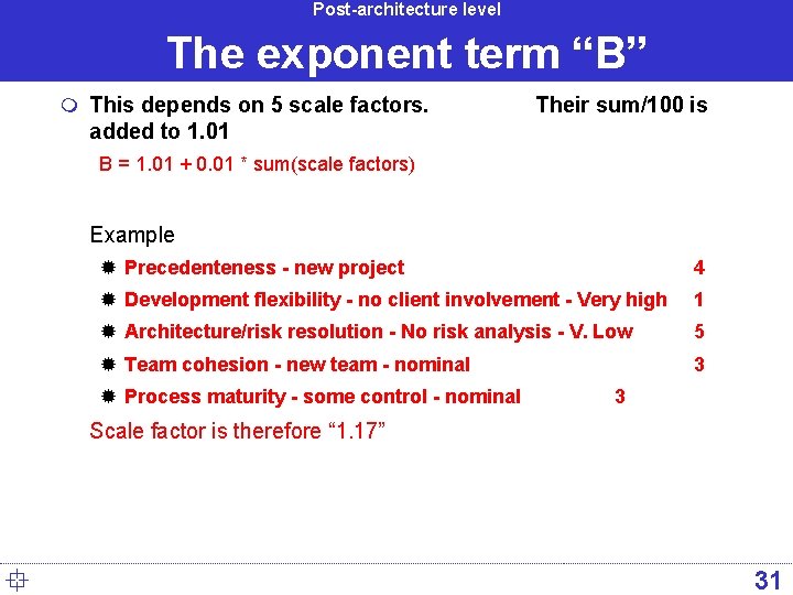 Post-architecture level The exponent term “B” m This depends on 5 scale factors. Their