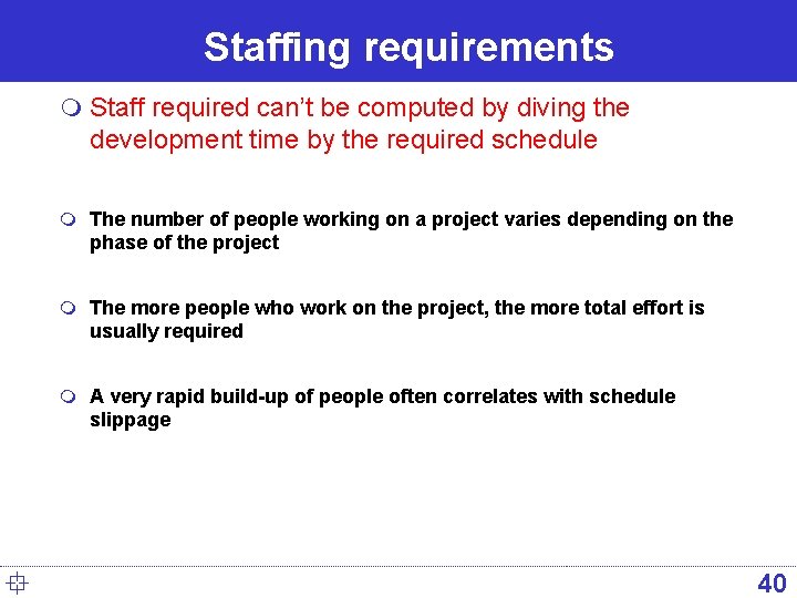 Staffing requirements m Staff required can’t be computed by diving the development time by