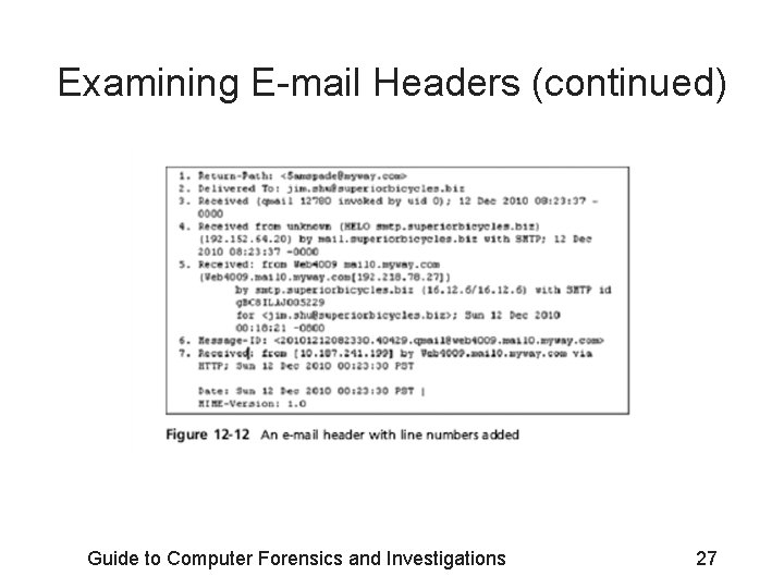 Examining E-mail Headers (continued) Guide to Computer Forensics and Investigations 27 