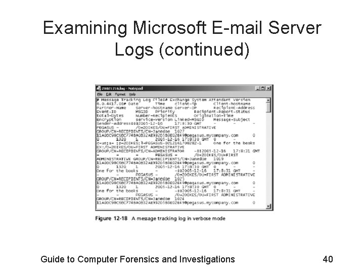 Examining Microsoft E-mail Server Logs (continued) Guide to Computer Forensics and Investigations 40 