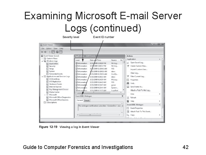 Examining Microsoft E-mail Server Logs (continued) Guide to Computer Forensics and Investigations 42 