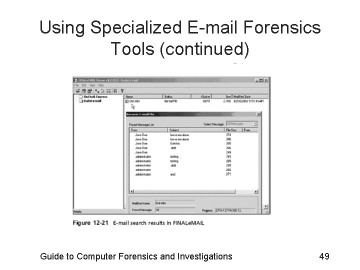 Using Specialized E-mail Forensics Tools (continued) Guide to Computer Forensics and Investigations 49 