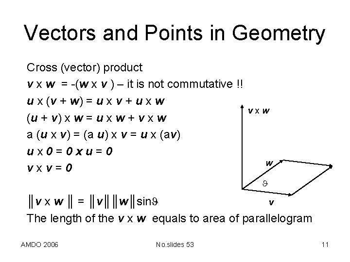 Vectors and Points in Geometry Cross (vector) product v x w = -(w x