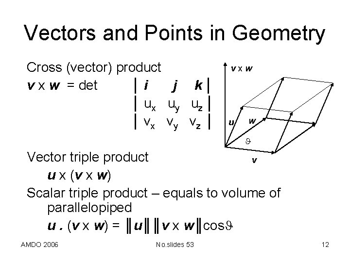 Vectors and Points in Geometry Cross (vector) product v x w = det │i