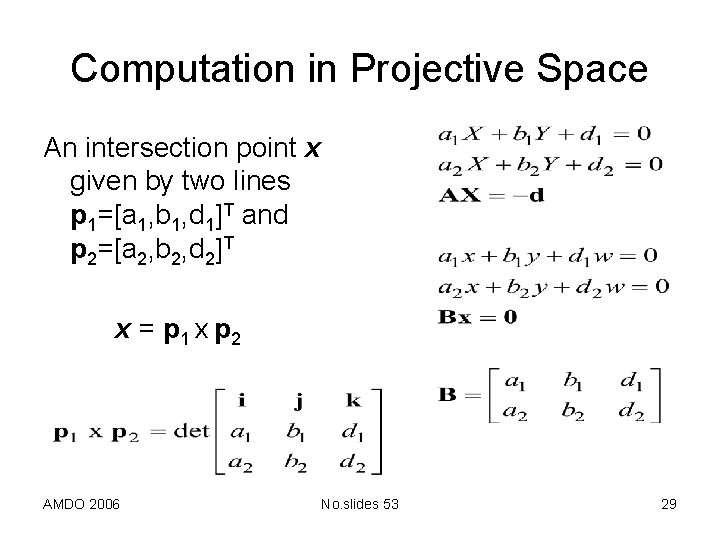 Computation in Projective Space An intersection point x given by two lines p 1=[a