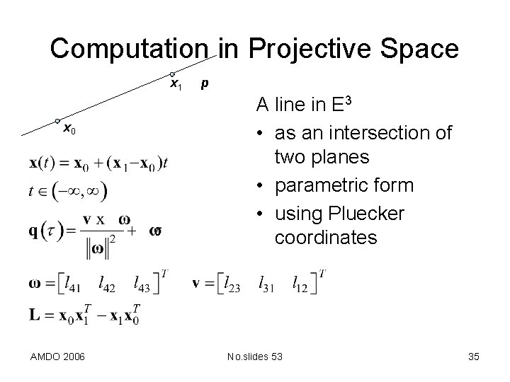 Computation in Projective Space x 1 x 0 AMDO 2006 p A line in