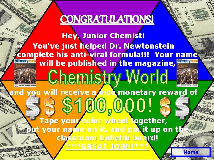 CONGRATULATIONS! Hey, Junior Chemist! You’ve just helped Dr. Newtonstein complete his anti-viral formula!!! Your