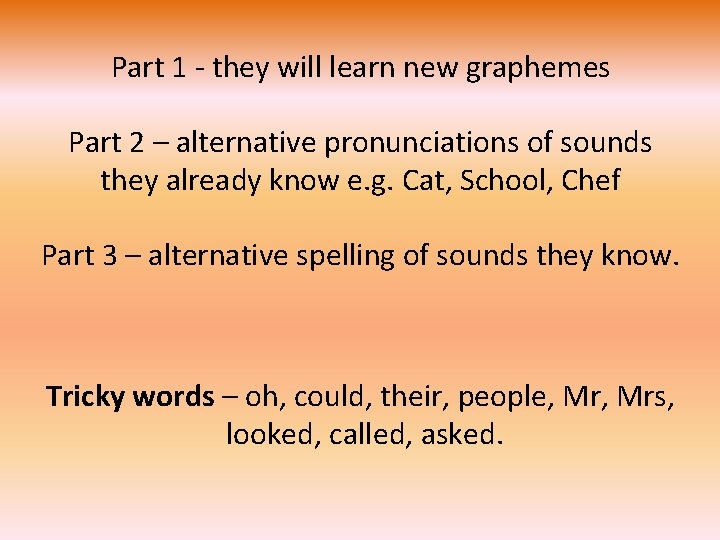 Part 1 - they will learn new graphemes Part 2 – alternative pronunciations of Part 1 - they will learn new graphemes Part 2 – alternative pronunciations of