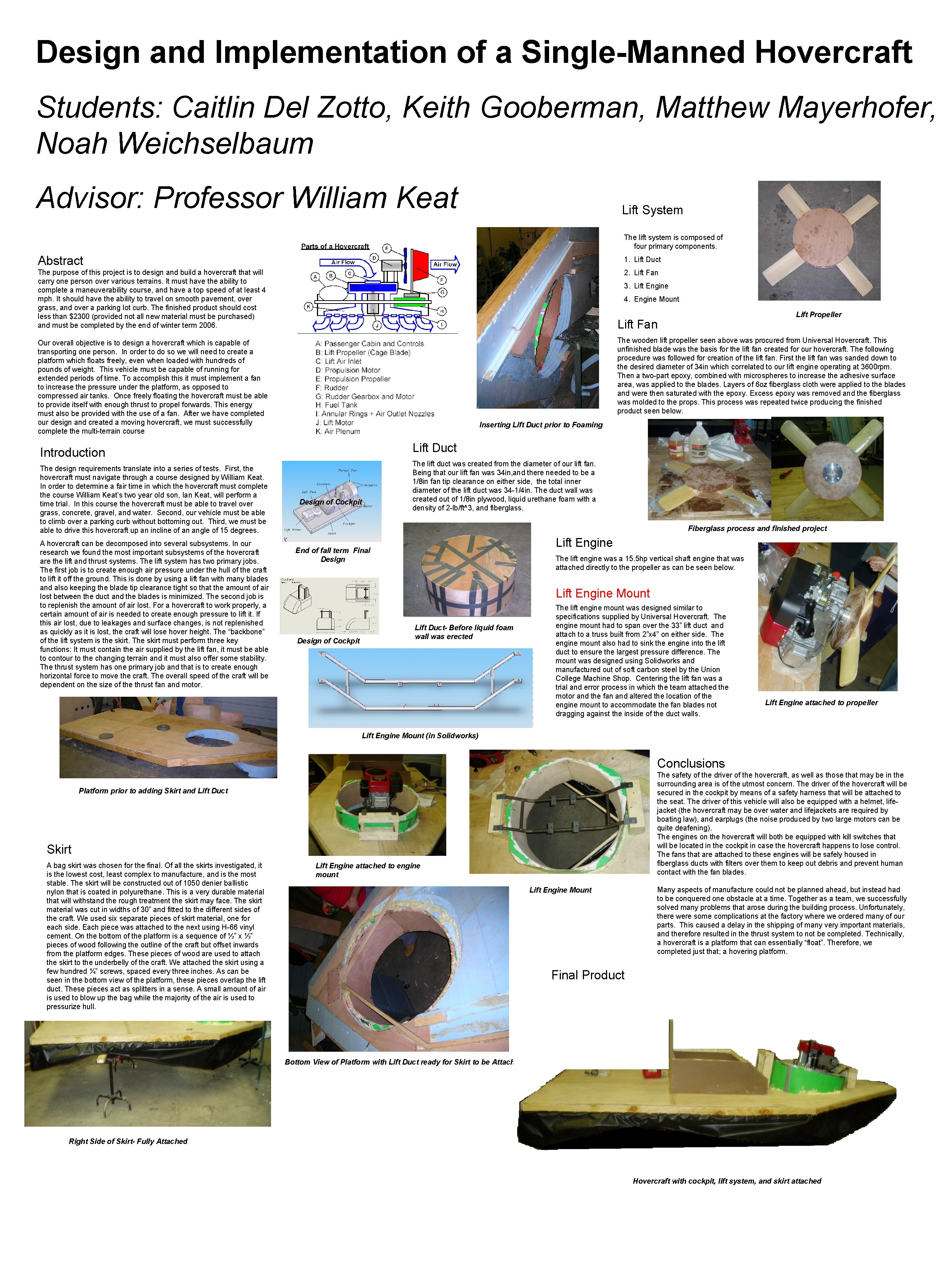 Design and Implementation of a Single-Manned Hovercraft Students: Caitlin Del Zotto, Keith Gooberman, Matthew