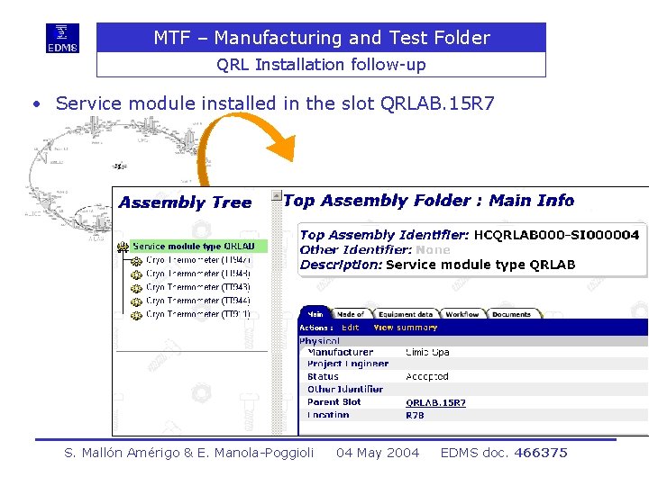 MTF – Manufacturing and Test Folder QRL Installation follow-up • Service module installed in