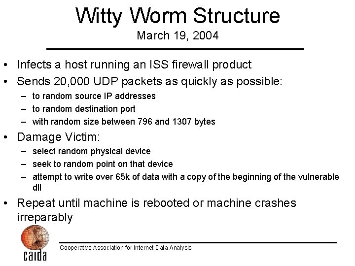 Witty Worm Structure March 19, 2004 • Infects a host running an ISS firewall