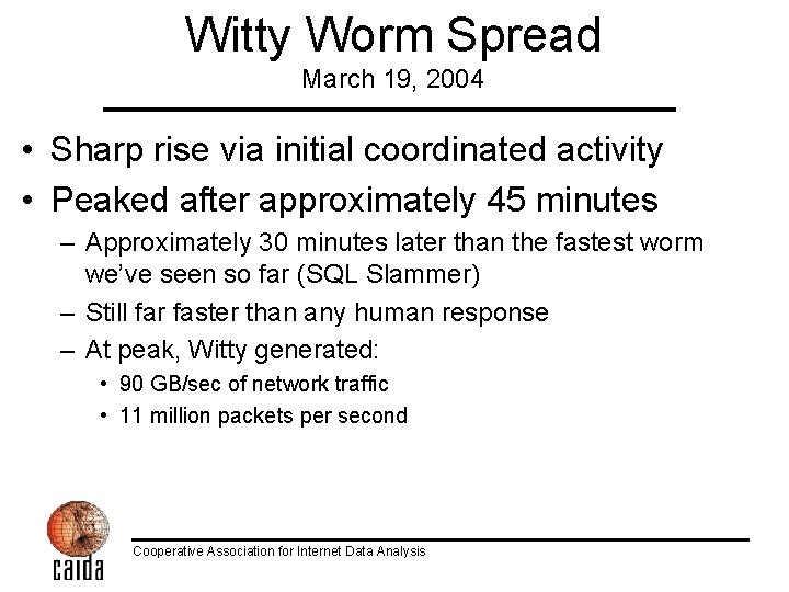 Witty Worm Spread March 19, 2004 • Sharp rise via initial coordinated activity •