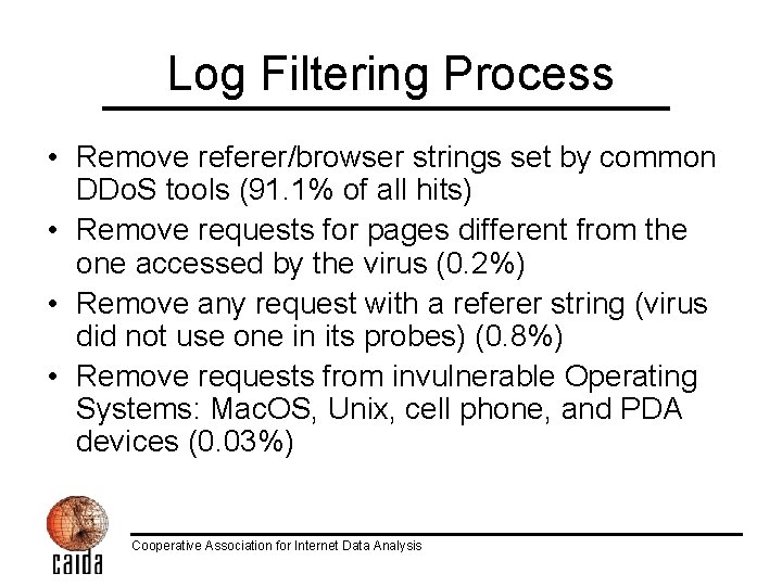 Log Filtering Process • Remove referer/browser strings set by common DDo. S tools (91.