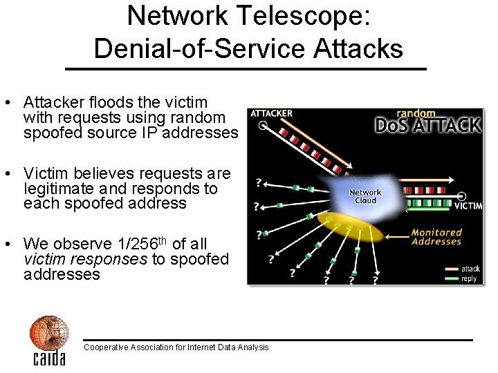 Network Telescope: Denial-of-Service Attacks • Attacker floods the victim with requests using random spoofed