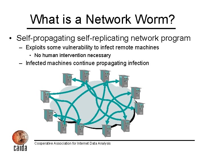 What is a Network Worm? • Self-propagating self-replicating network program – Exploits some vulnerability