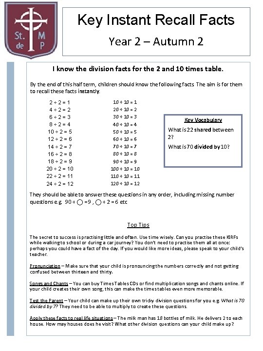 Key Instant Recall Facts Year 2 – Autumn 2 I know the division facts