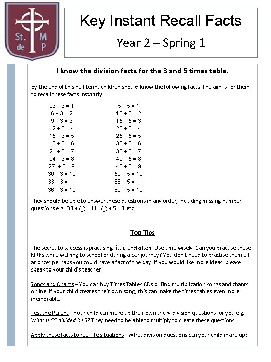 Key Instant Recall Facts Year 2 – Spring 1 I know the division facts