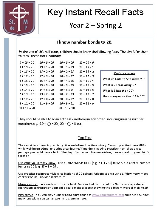 Key Instant Recall Facts Year 2 – Spring 2 I know number bonds to