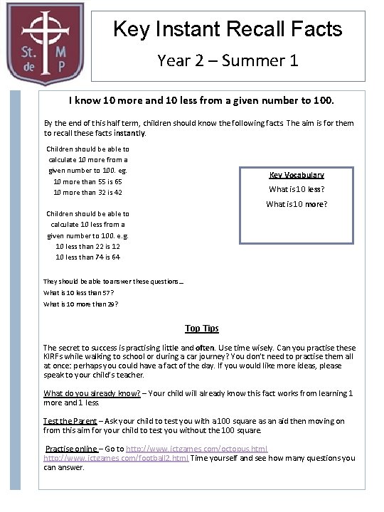 Key Instant Recall Facts Year 2 – Summer 1 I know 10 more and
