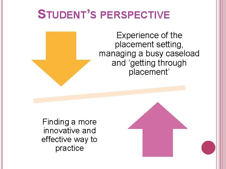 STUDENT’S PERSPECTIVE Experience of the placement setting, managing a busy caseload and ‘getting through