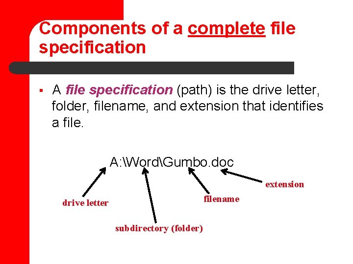 Components of a complete file specification § A file specification (path) is the drive