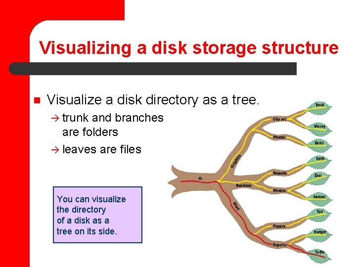 Visualizing a disk storage structure n Visualize a disk directory as a tree. à