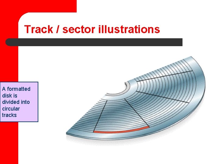Track / sector illustrations A formatted disk is divided into circular tracks 