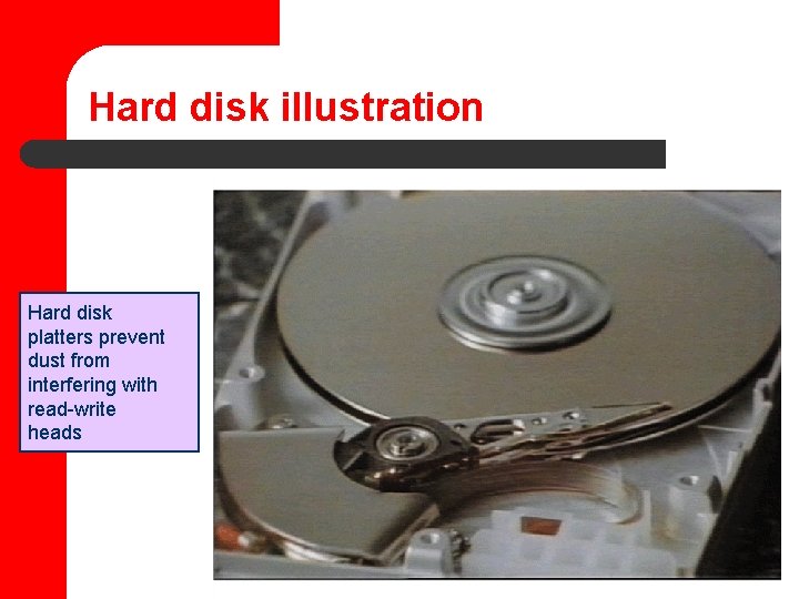 Hard disk illustration Hard disk platters prevent dust from interfering with read-write heads 