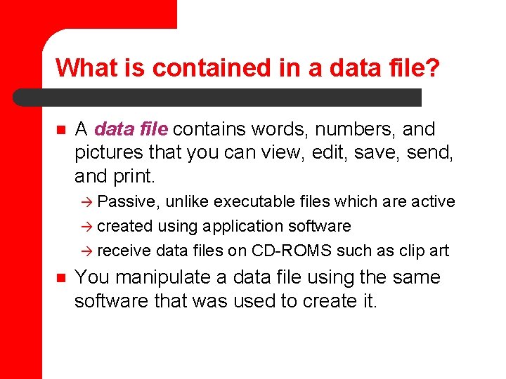 What is contained in a data file? n A data file contains words, numbers,