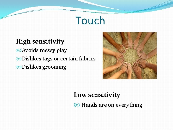 Touch High sensitivity Avoids messy play Dislikes tags or certain fabrics Dislikes grooming Low