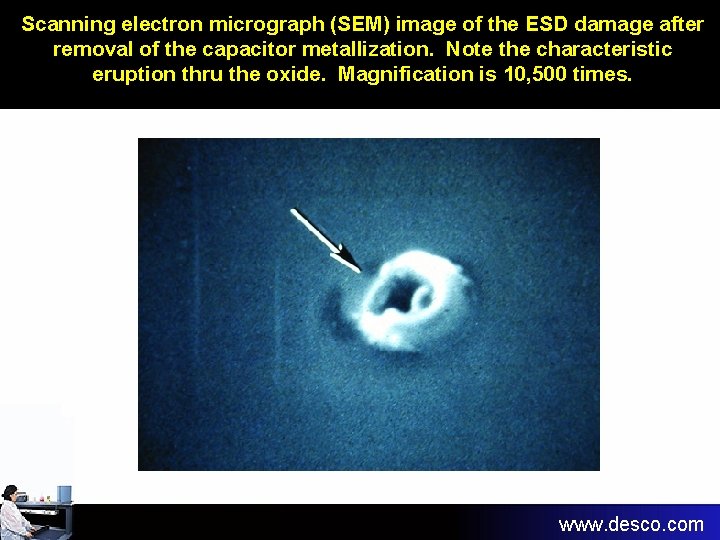 Scanning electron micrograph (SEM) image of the ESD damage after removal of the capacitor Scanning electron micrograph (SEM) image of the ESD damage after removal of the capacitor