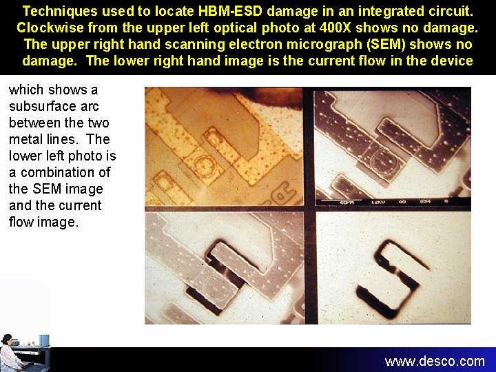 Techniques used to locate HBM-ESD damage in an integrated circuit. Clockwise from the upper Techniques used to locate HBM-ESD damage in an integrated circuit. Clockwise from the upper