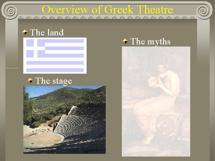 Overview of Greek Theatre The land The stage The myths 