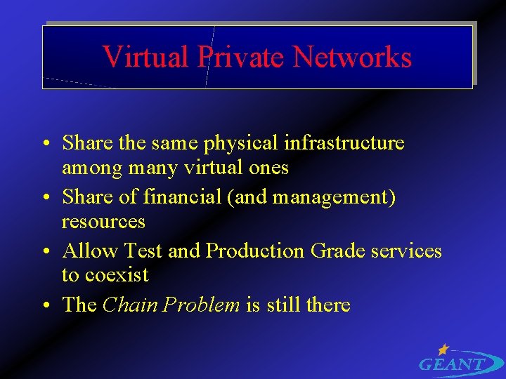 Virtual Private Networks • Share the same physical infrastructure among many virtual ones •