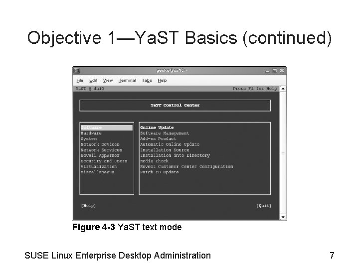 Objective 1—Ya. ST Basics (continued) Figure 4 -3 Ya. ST text mode SUSE Linux