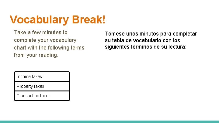 Vocabulary Break! Take a few minutes to complete your vocabulary chart with the following