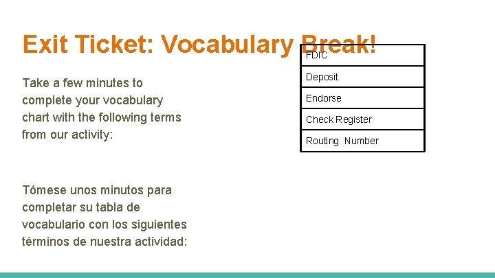 Exit Ticket: Vocabulary Break! FDIC Take a few minutes to complete your vocabulary chart