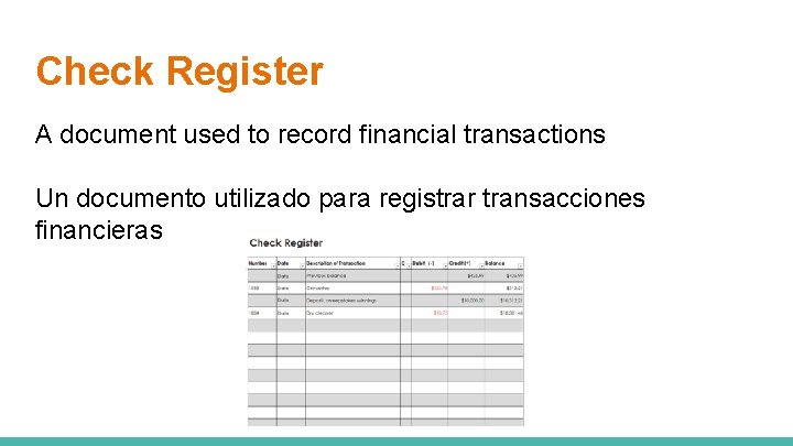 Check Register A document used to record financial transactions Un documento utilizado para registrar