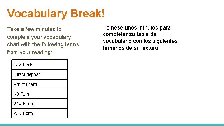 Vocabulary Break! Take a few minutes to complete your vocabulary chart with the following