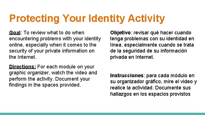 Protecting Your Identity Activity Goal: To review what to do when encountering problems with