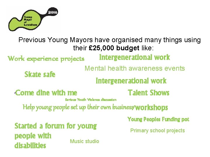 Previous Young Mayors have organised many things using their £ 25, 000 budget like: