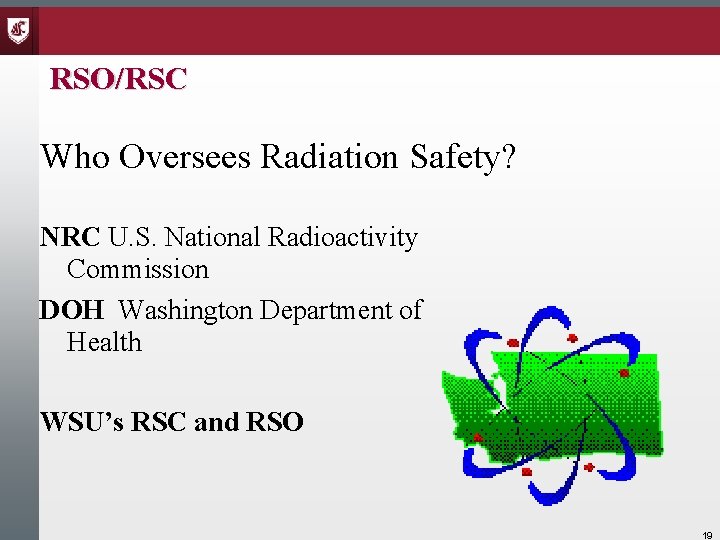 RSO/RSC Who Oversees Radiation Safety? NRC U. S. National Radioactivity Commission DOH Washington Department