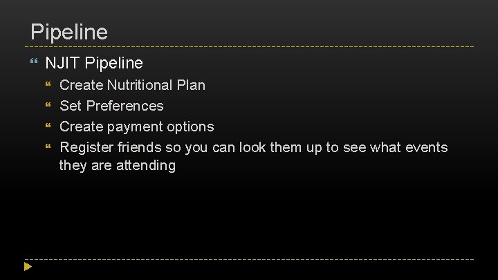 Pipeline NJIT Pipeline Create Nutritional Plan Set Preferences Create payment options Register friends so
