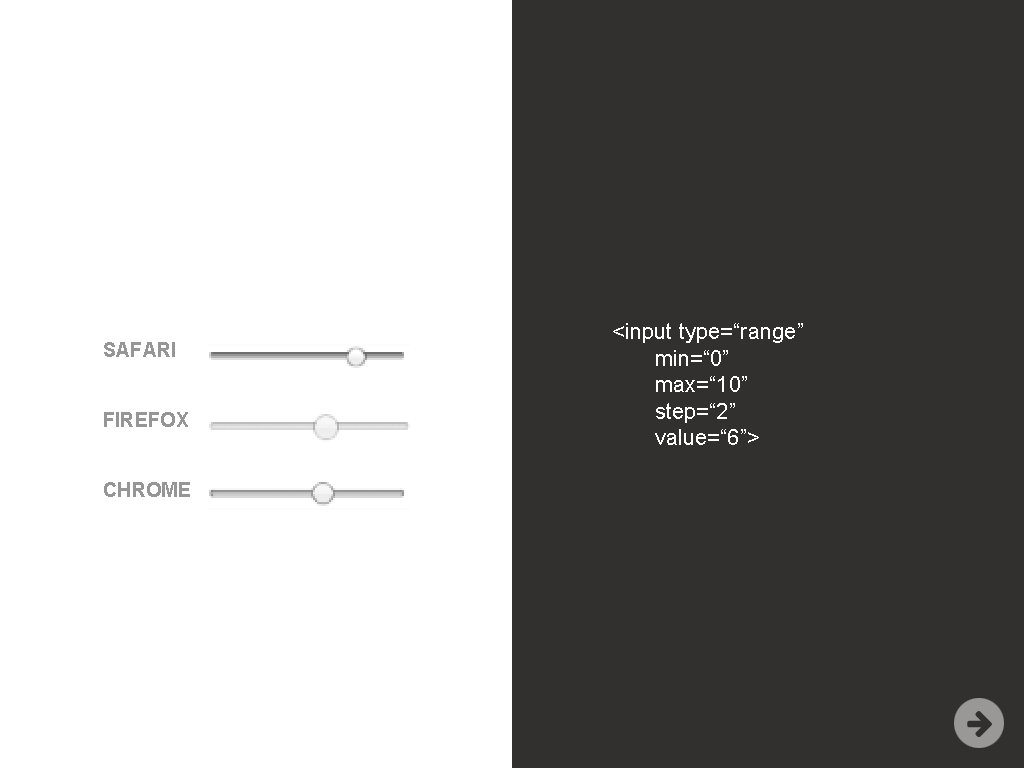 SAFARI FIREFOX CHROME <input type=“range” min=“ 0” max=“ 10” step=“ 2” value=“ 6”> 