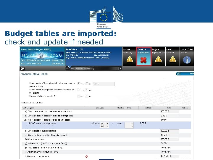 Budget tables are imported: check and update if needed 