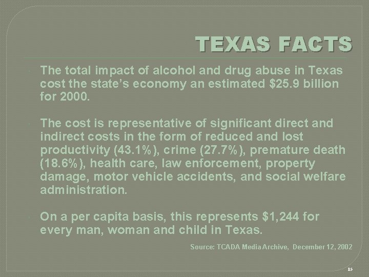 TEXAS FACTS The total impact of alcohol and drug abuse in Texas cost the