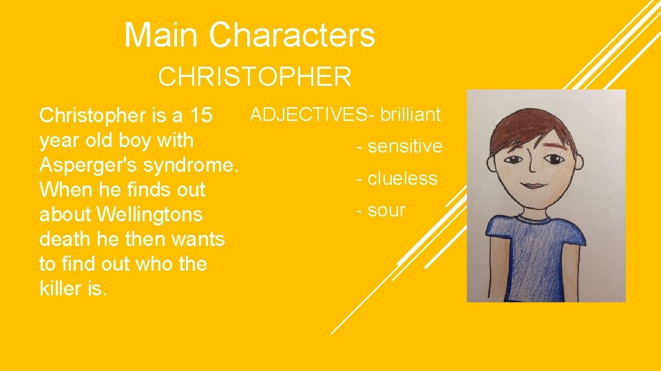Main Characters CHRISTOPHER ADJECTIVES- brilliant Christopher is a 15 year old boy with -