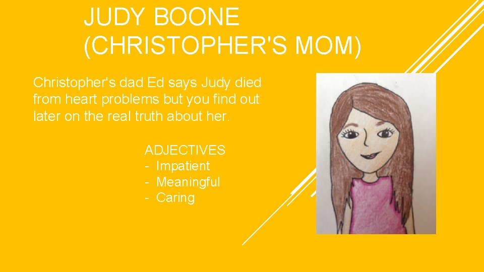 JUDY BOONE (CHRISTOPHER'S MOM) Christopher's dad Ed says Judy died from heart problems but